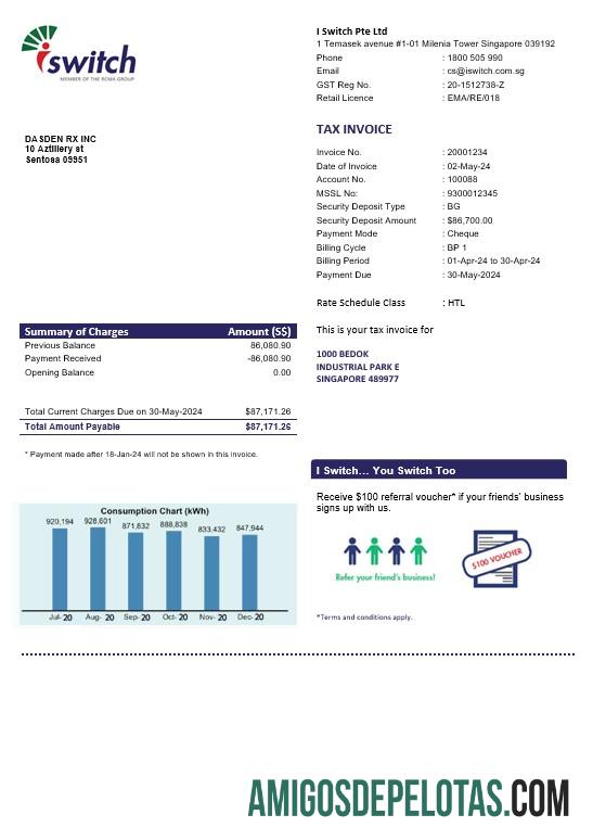 em branco Singapura I Switch Modelo de conta de serviço público de eletricidade em formatos Word e PDF